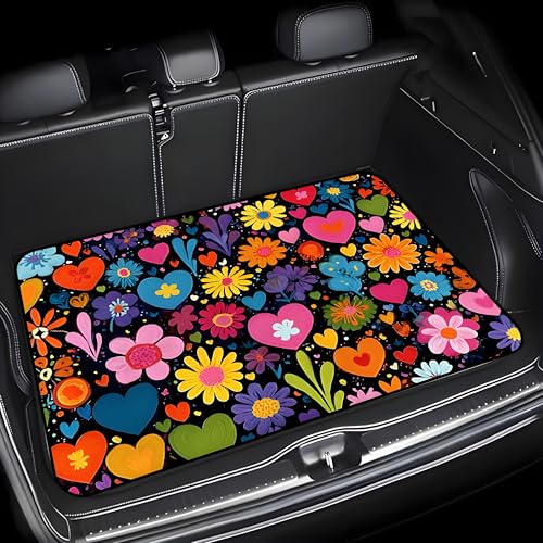 Universal Car Trunk Mat 29" x 39", Vibrant Flowers Love All Weather Durable Cargo Mat Protector for SUV, Truck, Van | Stylish Cargo Liner Cover Leopard Print Car Accessories - color: Vibrant Flowers Love