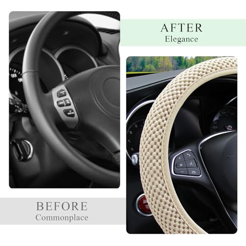 Yourkar Elastic Steering Wheel Cover, 15"×15" Comfy Breathable Stretch Steering Wheel Protector, Ice-Silk Cloth Polyester Steering Wheel Cover for Men Women, Car Accessories (Beige) - color: Beige