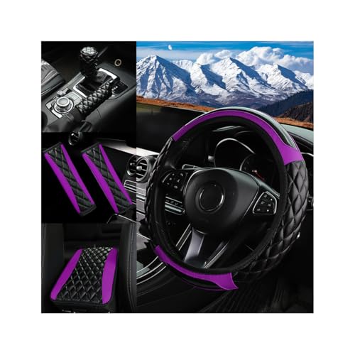 Car Accessories Set, 14.5-15" Leather Vehicle Steering Wheel Cover, Seat Belt Cushion, Gear Shift and Handbrake Cover, Center Console Protector, Universal for Truck SUV Van (Purple) - color: Purple