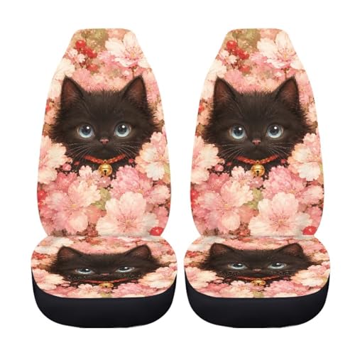 Cat Cherry Blossom Print Car Seat Covers, 2 Pcs Washable Auto Interior Accessories Car Front Seats Protectors, Breathable Automotive Seat Cushion for Most Vehicles - color: Cat Cherry Blossom