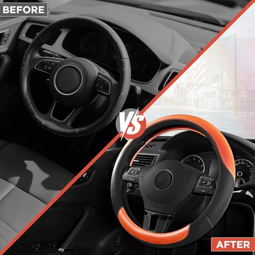 Road Comforts Steering Wheel Cover – Breathable Leather Steering Wheel Cover, Anti-Slip Grip, Universal Fit 14.5” to 15”, Heat & Cold Resistant for Cars, SUVs, and Trucks – Black & Shining Orange - color: Black&Orange