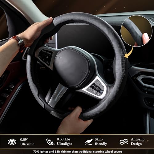 Aimato Car Steering Wheel Cover, Ultra-Thin Car Steering Wheel Cover,Comfortable & Breathable Microfiber,Universal Fit for Most Cars, Nappa Black - color: Nappa Black
