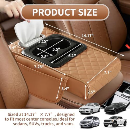 5-in-1 Car Armrest Cushion, Multifunctional PVC Leather Center Console Armrest Pillow Elbow, Universal Arm Box Pad Cover with Cup Holder, Phone Slot, Tissue Box Slot & 2 Storage Bags, Grey - color: Gray