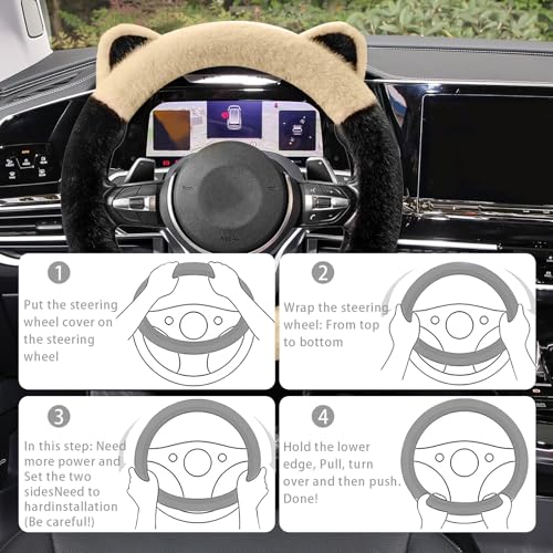 Car Steering Wheel Cover, Cute Steering Wheel Protector with Kitty Cat Ears,Fluffy Soft Plush for Winter Warm, Universal Fit 15 inches for Car,SUV, Elastic & Anti-Slip (Black/Beige) - color: Black/Beige