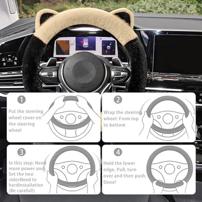 Car Steering Wheel Cover, Cute Steering Wheel Protector with Kitty Cat Ears,Fluffy Soft Plush for Winter Warm, Universal Fit 15 inches for Car,SUV, Elastic & Anti-Slip (Black/Beige) - color: Black/Beige