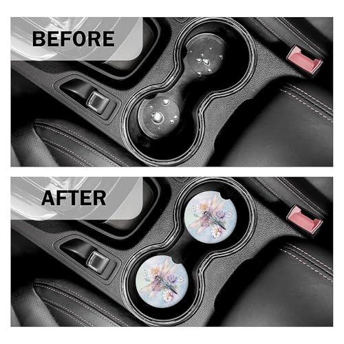 Dragonfly Car Coasters Set of 2 for Cup Holder 2.63" Absorbent Ceramic Cup Coaster Non-Slip Cork Base Drink Coasters with Finger Notch Car Accessories Interior for Women Men