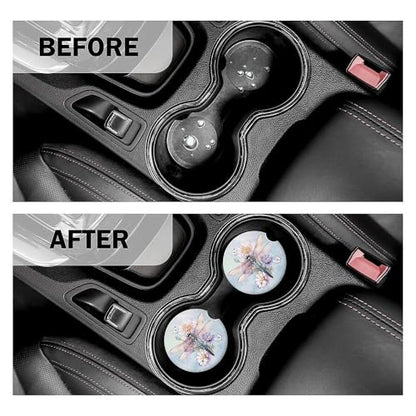Dragonfly Car Coasters Set of 2 for Cup Holder 2.63" Absorbent Ceramic Cup Coaster Non-Slip Cork Base Drink Coasters with Finger Notch Car Accessories Interior for Women Men