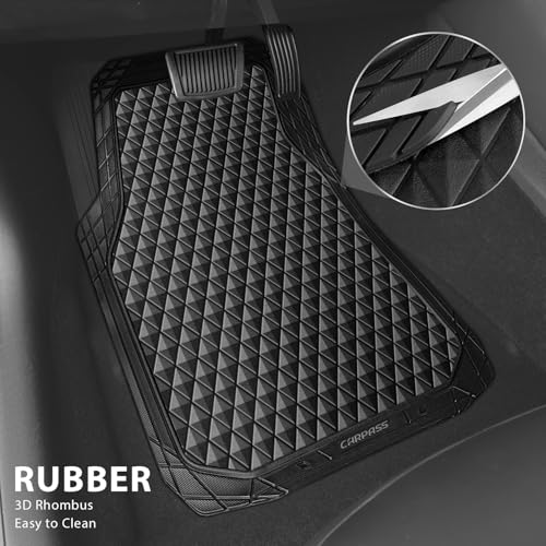CAR PASS Black Rubber Car Mats, All-Weather Floor Mats Full Set Durable Anti-Slip 3D Rhombus Waterproof Automotive Pad Trim to Fit Liner Universal Fit for Sedan SUV Truck Van, 4 Pcs All Black Rubber - color: All Black