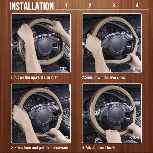 CAR PASS Wood Grain 14.5-15 inch Microfiber Leather Steering Wheel Cover, Anti-Slip Veins Design Steering Wheel Universal Fit for Most Cars, Sedans, SUV， Beige - color: beige