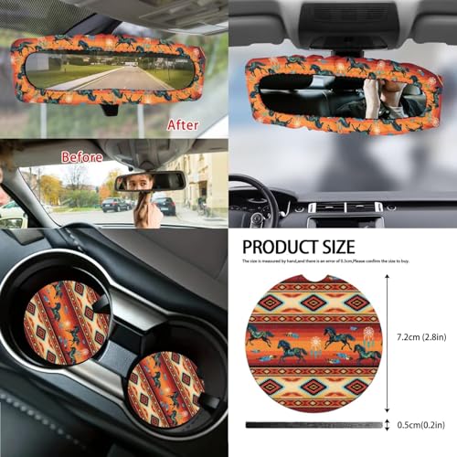 Wanyint Car Seat Cover Full Set 14 Pack, with Steering Wheel Seat Belt Rear View Mirror Center Console Trash Can Coaster Gear Shift Knob Cover Set Universal Fit, Aztec Navajo Horse Orange - color: Aztec Navajo Horse Orange