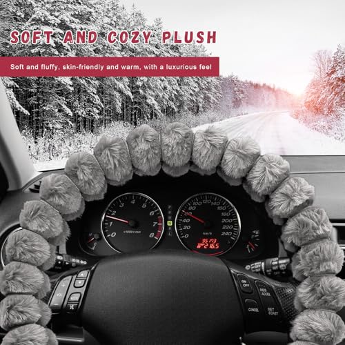 Fluffy Car Steering Wheel Cover, Soft Warm Plush Vehicle Steering Wheel Protector, 14.5-15 Inches Cute Anti-Slip Automotive Handle Cover for Women Girl, Car Accessories (Gray) - color: Gray