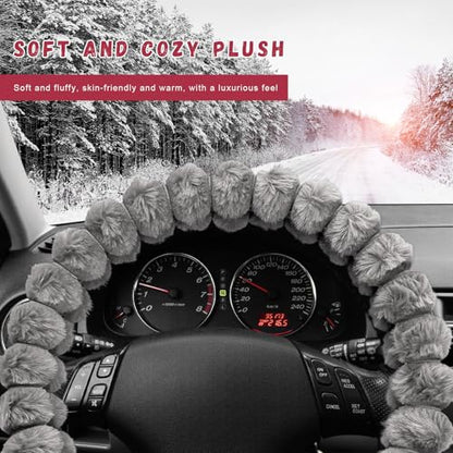Fluffy Car Steering Wheel Cover, Soft Warm Plush Vehicle Steering Wheel Protector, 14.5-15 Inches Cute Anti-Slip Automotive Handle Cover for Women Girl, Car Accessories (Gray) - color: Gray