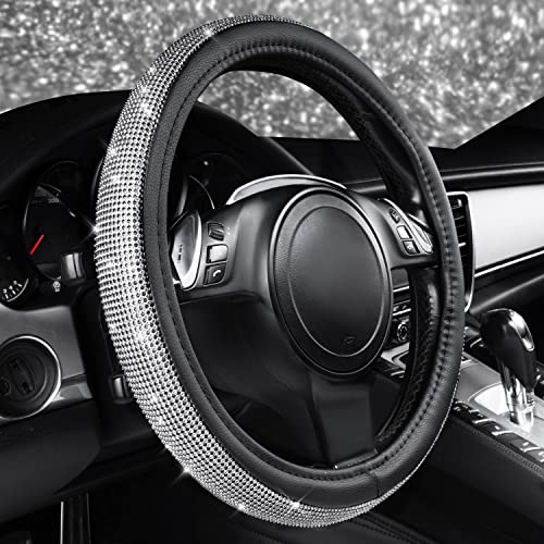 CAR PASS Bling Diamond Leather Steering Wheel Cover, with Bling Sparkly Crystal Glitter Rhinestones Universal Fit 14.5in-15in Car Wheel Protector for Women Girl Fit Suvs,Vans,Sedans,Car,Trucks, Silver