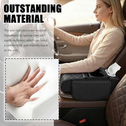 5-in-1 Car Center Console Cover,Leather Car Armrest Cover with Cup Holder/Storage Pocket/Phone Holder/Cars Tissue Holders,Thickened Cars Armrest Storage Box for Relieving Elbow Fatigue (Black) - color: Black