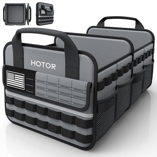 HOTOR Tactical Car Trunk Organizer - Foldable Trunk Organizer for SUV with Front MOLLE Pocket & Reflective Strips, Essential Car Accessories for Tools & Outdoor Storage, 12.8" x 21.7" x 11.0", Grey - color: Grey, size: Medium