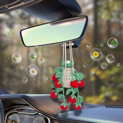 ROFIGL Handmade Crochet Hanging Car Air Freshener - Sweet Cherry Charm with 12ml Refillable Glass Essential Oil Bottle, Cute Car Accessories for Women & Bedroom Floral Decor - style: Raspberry