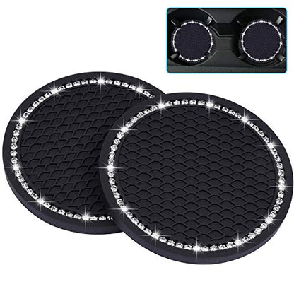 Bling Car Coasters, Wisdompro 2 Pack PVC Car Cup Holder Insert Coaster - Anti Slip Universal Vehicle Interior Accessories Crystal Glitter Cup Mats for Women and Men(2.75" Diameter, Black) - color: Black