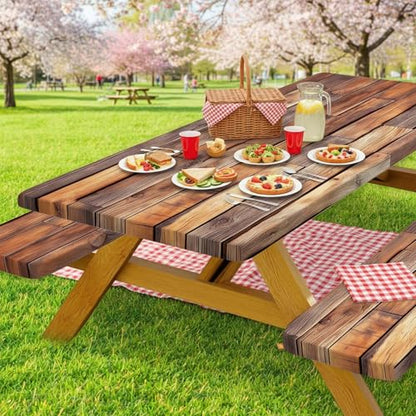 Rustic Wood Picnic Table Cover with Bench Covers Waterproof Windproof Elastic Fitted Outdoor Camping RV Tablecloths with Drawstring Bag Reusable Rectangle Rectangle Tables and Seats Cover 30X72IN - color: Brown, size: 30" x 72" (Rectangular)