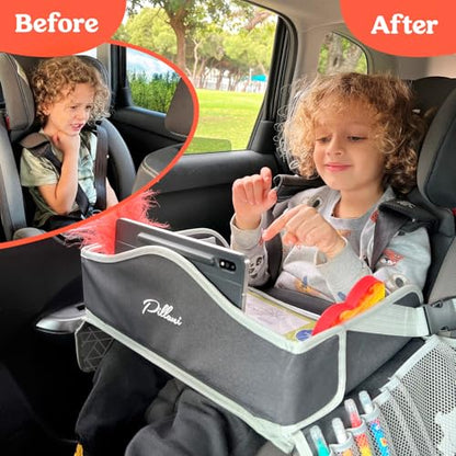 Kids Travel Tray for Car - Car Seat Tray with Activity Sheets & Pens, Road Trip Essentials for Car & Airplane, Must Have Toddler Travel Lap Desk Accessories - Road Trip Activities for Kids