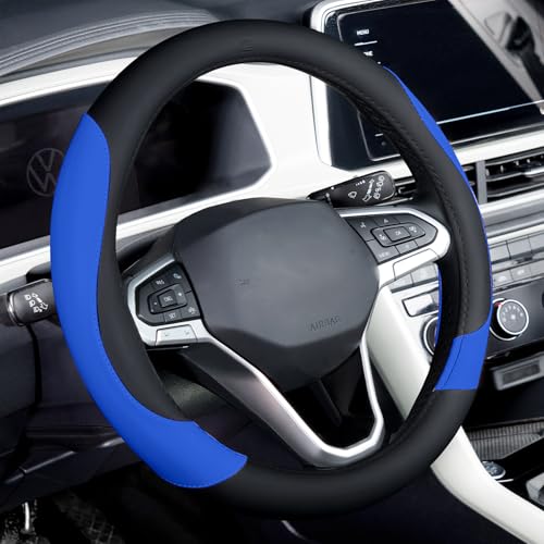 Coverado Car Steering Wheel Cover, Nappa Leather Black & Blue Steering Wheel Covers for Women, Universal 14-15 inch, Anti-Slip, Breathable Steering Wheel Protector - color: B-BlackBlue