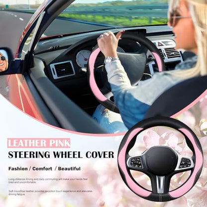 Car Steering Wheel Cover 2025, Universal Auto PU Cute Breathable Slip-Proof Comfort Imitation Leather Protector Cars Interior Accessories for Women Men Fit Most Vehicle (Pink)