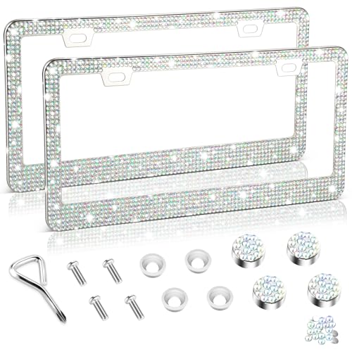 Amiss Bling License Plate Frame for Women, 2Pack Rhinestone Handcrafted Crystal Premium Stainless Steel, Stainless Steel Car Decorative Accessories with Diamond Sparkle Glitter Caps (Colorful) - color: Colorful, size: 2pc