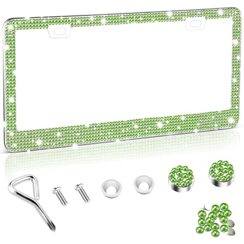 Amiss Bling License Plate Frame for Women, 1Pack Rhinestone Handcrafted Crystal Premium Stainless Steel, Stainless Steel Car Decorative Accessories with Diamond Sparkle Glitter Caps (Green) - color: Green, size: 1pc
