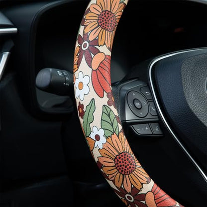Sunflower Retro Steering Wheel Cover Auto Jacquard Steering Wheel Protector, Anti-Slip, Breathable, Absorbing Sweat, Universal Car Accessories 14.5–15 inch,Fit for Most Car, Trucks, SUV - style: Sunflower Retro