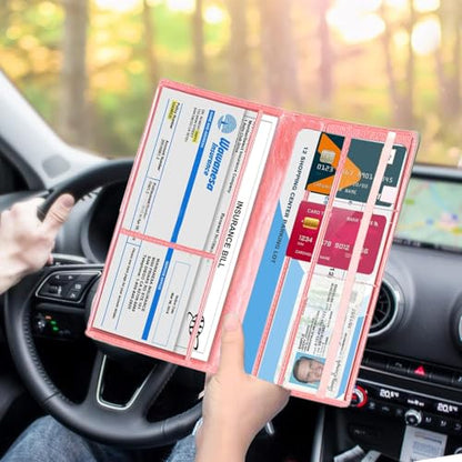 Leather Car Registration and Insurance Holder - Vehicle Glove Box Car Organizer,Auto Truck Comparment Accessories Case with Magnetic Closure for Driver License, Cards (Pink) - color: Pink