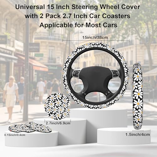 Daisy Steering Wheel Cover for Women Girly,White Daisy Flower 15 Inch Non-Slip Breathable Neoprene Steering Wheel Cover Fit Auto,SUVs,Includes 2 PCS Cup Coasters - color: Daisy