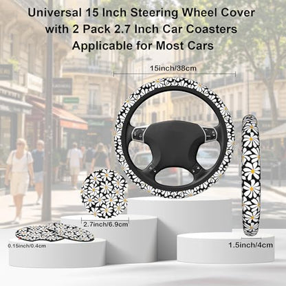 Daisy Steering Wheel Cover for Women Girly,White Daisy Flower 15 Inch Non-Slip Breathable Neoprene Steering Wheel Cover Fit Auto,SUVs,Includes 2 PCS Cup Coasters - color: Daisy