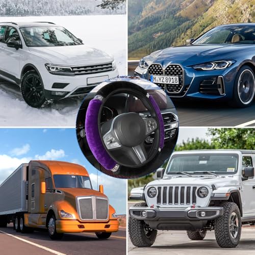 HZEL Bling Car Steering Wheel Cover, Fluffy Crystal Rhinestone Vehicle Steer Wheel Protector, Sparkly Diamond Automotive Wheel Cover Adaptable to 14.5-15 Inches, Universal for Most Cars (Purple)