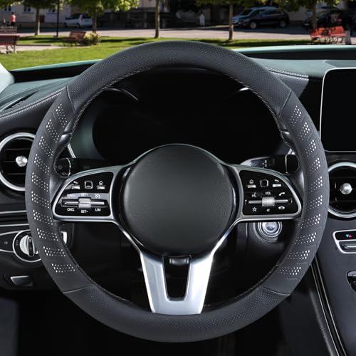 3D Premium Skin-Feel Leather Large Steering Wheel Cover, Anti-Slip Breathable Soft Slim Design, 15.5 inch to 16 inch, Black with White - color: Black with White, size: Round-Large[15.5''-16'']