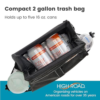High Road Car Organizer with Car Trash Bag and Tissue Holder - Holds Full Size Tissue Box, Bottles and Wipe Containers - 2 Gal Leakproof Covered Car Trash Can with Push-Close Lid - color: Black