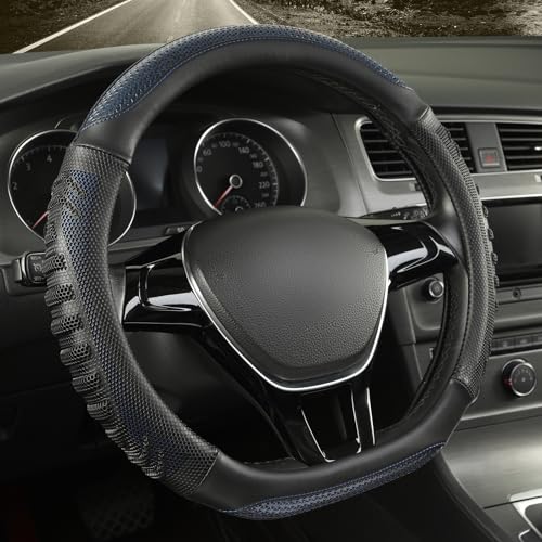 D Shaped Steering Wheel Cover Great Grip with 3D Honeycomb Hole, Anti-Slip Sporty Design, Small 13.5-14 inch(Black with Blue) - color: Black with Blue, size: D Shaped-Small[13.5''-14'']