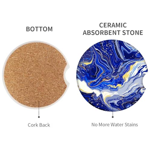 Car Coasters for Drinks Absorbent, 2 Pack Cup Holders, 2.56" Ceramic Stone & Non-Scratch Cork Base Coasters Cupholder, Auto Accessories for Women & Men, Blue Marble Gold Natural Luxury