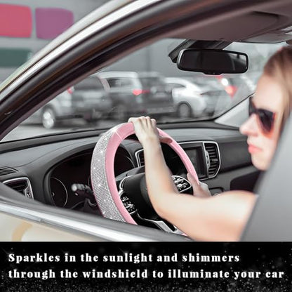 Diamond Leather Steering Wheel Cover, 15 Inch Bling Crystal Rhinestone Anti-Slip Wheel Protector, Universal Sparkling Elegant Diamond Steering Wheels Cover for Women Girl (White&Pink) - color: White&Pink
