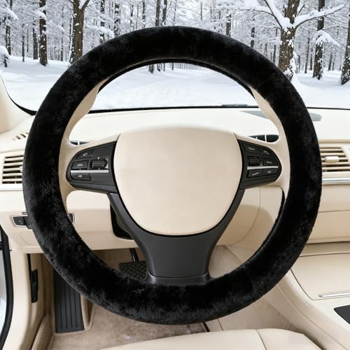 Furry Warm Steering Wheel Cover, Universal 14.5-15 Inch Winter Plush Warm Steering Wheel Cover, Soft Fluffy, Anti-Slip Design, Soft Texture (Black) - color: Black Plush