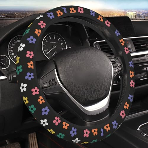 Retro Flowers Vintage Groovy Floral Car Steering Wheel Cover,Non-Slip Elastic Neoprene-Sweat Car Accessories,Universal 15 Inch Fit Auto, Vans Trucks,Suvs, Truck - color: Retro Groovy Floral