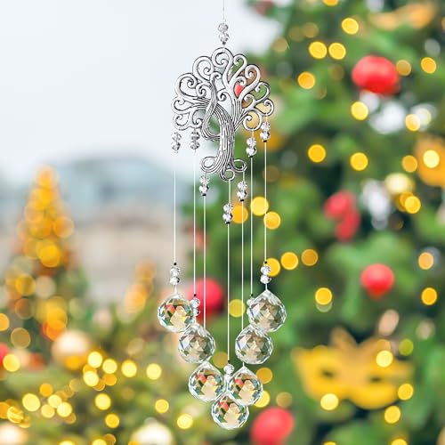 H&D HYALINE & DORA Garden Hanging Crystal Suncatchers Rainbow Makers with Crystal Ball Prisms and Metal Tree of Life for Garden Outdoor Home Kids Room Window - color: Clear Crystal Ball-long Chain