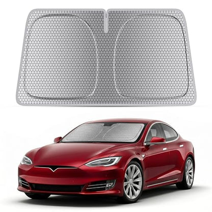 helloleiboo Windshield Sun Shade for Tesla Model S & Model X 2016-2026 Graphene Honeycomb Heat Shield with UV Protection Foldable Custom Fit Front Window Sunshade Silver 58" x 41" - size: For Tesla Model S & Model X (2016-2026)