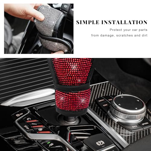 Bling Auto Gear Shift Knob Cover, Rhinestone Glitter Shifter Stick Protector for Girls Women, Sparkly Diamond Transmission Gear Shift Lever Knob Cover for Cars Trucks SUVs (Red) - color: Red