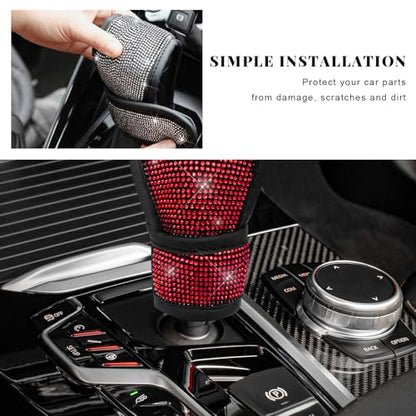 Bling Auto Gear Shift Knob Cover, Rhinestone Glitter Shifter Stick Protector for Girls Women, Sparkly Diamond Transmission Gear Shift Lever Knob Cover for Cars Trucks SUVs (Red) - color: Red