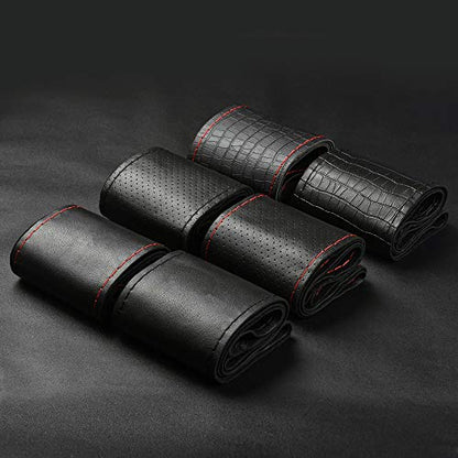 Universal Auto Steering Wheel Cover with Top Genuine Leather and Anti-Slip Design, Soft Padding, Heavy Duty - color: the black thread