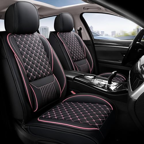 Leather Car Seat Covers,Full Coverage Seat Covers Full Set with Fix Lumber Support,Universal Automotive Seat Covers for Cars,SUVs,Trucks and Sedans (Black&Pink, Full Set) - color: Black&Pink