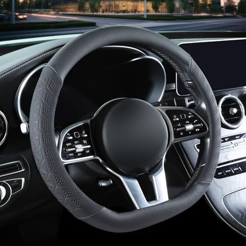 3D Premium Skin-Feel Leather D Shaped Car Steering Wheel Cover, Anti-Slip Breathable Soft Slim Design, Universal 15 inch, Black - color: Solid Black, size: D Type-Medium[14.5''-15'']