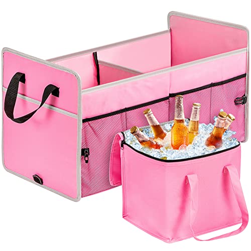 Car Trunk Organizer with Individual Cooler Bag - 2 Compartment Collapsible Car Storage for SUV (Pink) - color: Pink, size: 2Compart-1Pack