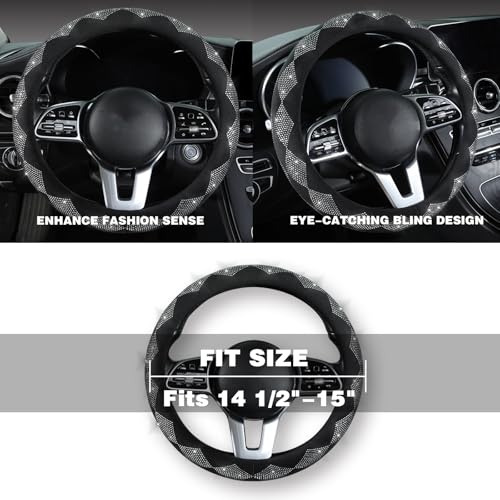 Bling Steering Wheel Cover for Women - Sparkly Crystal Rhinestones on Soft Plush with Checkered Design, Anti-Slip, Universal 15 Inch Car Wheel Protector, Cute Diamond Auto Accessories - color: white diamond +black