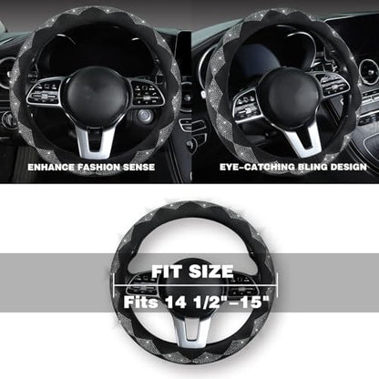 Bling Steering Wheel Cover for Women - Sparkly Crystal Rhinestones on Soft Plush with Checkered Design, Anti-Slip, Universal 15 Inch Car Wheel Protector, Cute Diamond Auto Accessories - color: white diamond +black