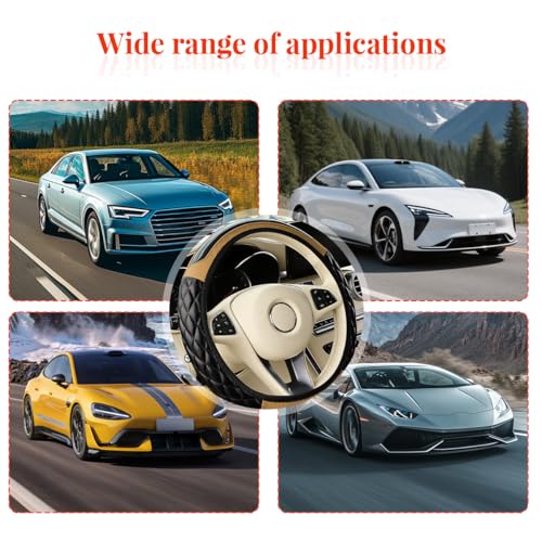 Car Accessories Set, 14.5-15" Leather Vehicle Steering Wheel Cover, Seat Belt Cushion, Gear Shift and Handbrake Cover, Center Console Protector, Universal for Truck SUV Van (Beige) - color: Beige